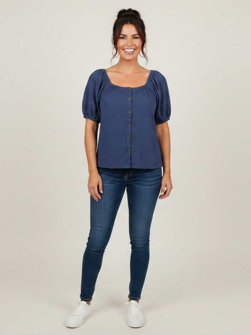 dip Blue Square-Neck Puff Sleeve Button Top
